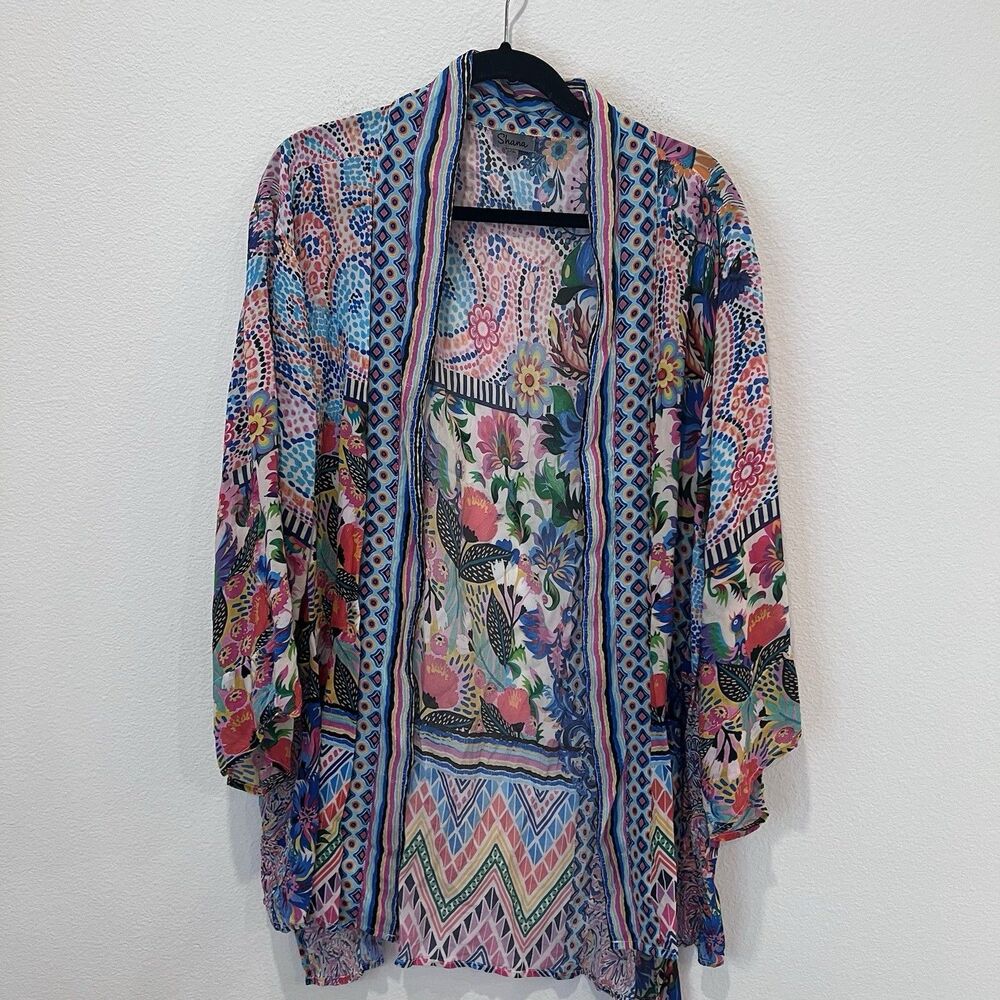 Shana Sz L/XL  Open Front Wearable Art Tropical Kimono Blouse Shirt Top Resort